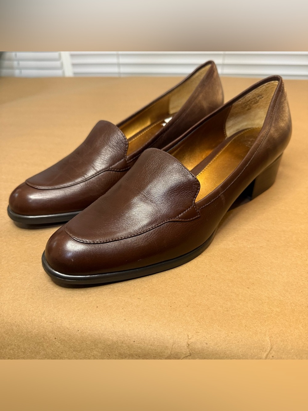 Joan & David Brown Leather Low Block Heel Loafers